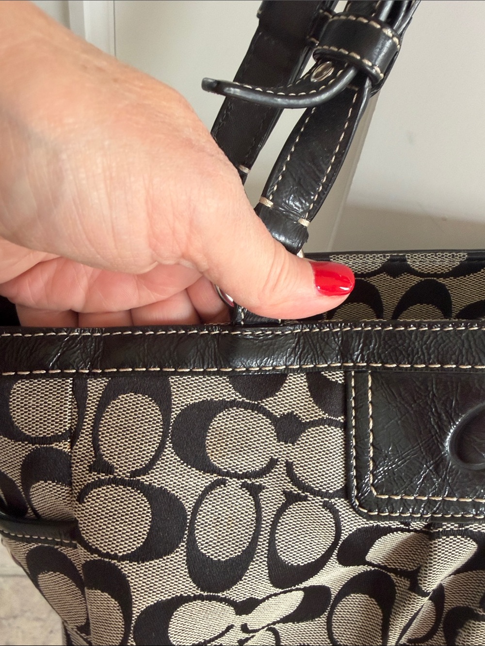 Coach Black and Tan Signature Tote with Leather Trim - Picture 9 of 11
